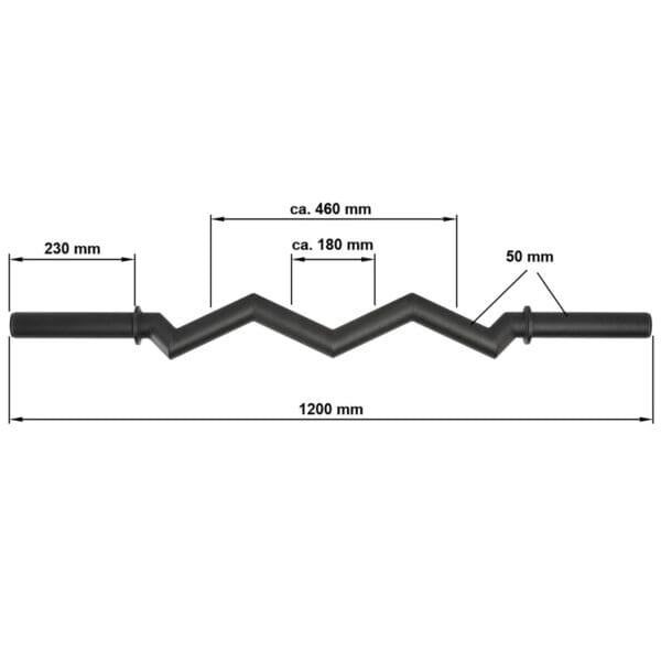 The FAT EZ Curl Bar features a zigzag design, measuring 1200 mm in length, with 230 mm grip ends and a 460 mm zigzag section divided into approximately 180 mm segments, all having a diameter of 50 mm.
