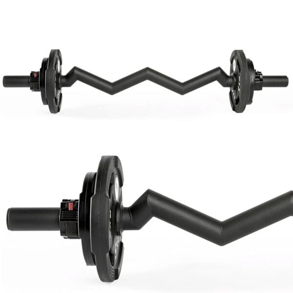 The FAT EZ Curl Bar is a black zigzag barbell with weight plates on each end, designed for strength training exercises, featuring a unique angular shape for ergonomic grip options.