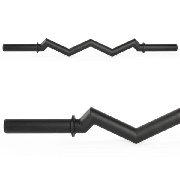 A FAT EZ Curl Bar, with a zigzag shape and black finish, showcases its unique angled design from side and top views. The bar features smooth handles at each end, highlighting its construction and aesthetic appeal.