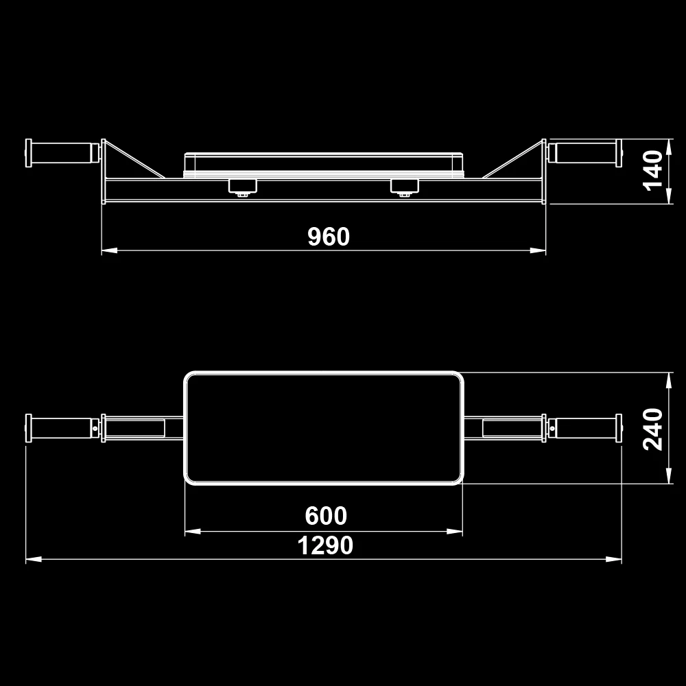 Technical drawing of the ATX® Hip Thruster Attachment showing side and top views with dimensions in millimeters.