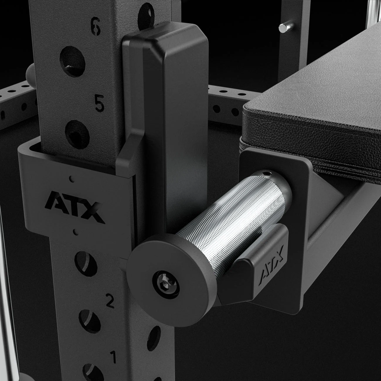 ATX® Hip Thruster Attachment featuring a black padded horizontal bench and a cylindrical metal roller, mounted to a numbered upright gym rack.