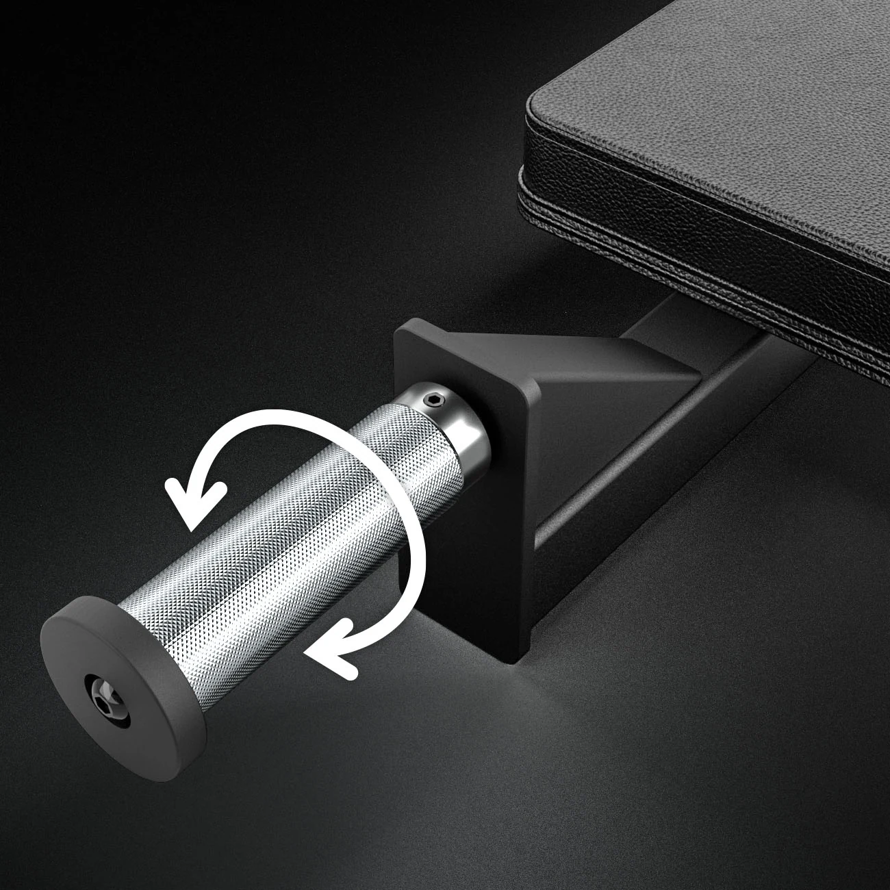 Close-up of a weight plate storage post on the ATX® Hip Thruster Attachment, featuring a white circular arrow icon indicating a rotating movement.