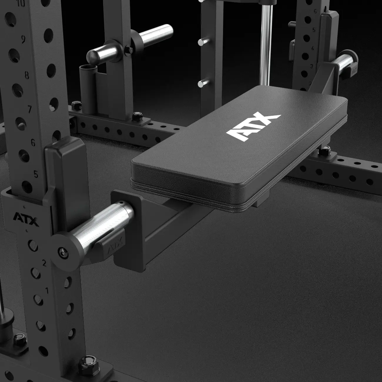 ATX® Hip Thruster Attachment mounted to a black power rack.
