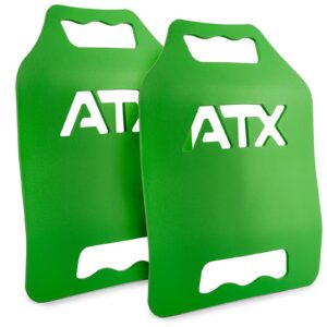 Two green ATX®-branded knee pads with handles, offering a simple, smooth design for comfort while kneeling.