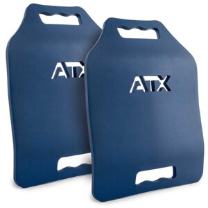 Two ATX® Tactical Weight Vests in blue with cut-out handles, designed for exercise and stability training. The white ATX logo is printed on them, and they are displayed standing upright against a white background.