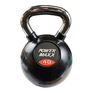 A black Power Maxx 40kg kettlebell featuring a shiny handle, with POWER MAXX and 40 in red and white on the front.