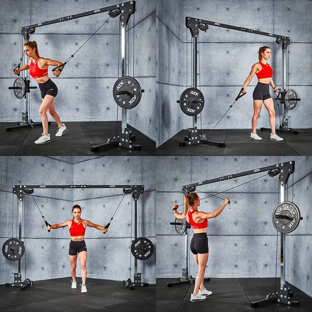 A woman wearing a red top and black shorts uses the ATX® Cable Crossover 500 198cm for chest flys, bicep curls, and shoulder presses in a modern gym featuring gray walls and black flooring.