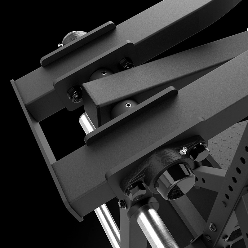 Close-up of the ATX® Lever Arm Squat Pro - Viking Press: a sleek black metal structure with intersecting beams and cylindrical rods, set against a black background.