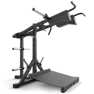 The ATX® Lever Arm Squat Pro - Viking Press features an angled footplate, vertical handles, padded arm rests for squats or calf raises, plus multiple side weight plate holders for adjustable resistance.