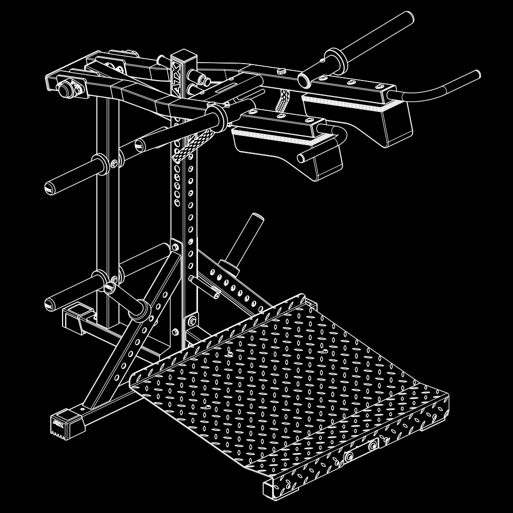 A white line drawing of the ATX® Lever Arm Squat Pro - Viking Press, featuring multiple bars, handles, and a textured foot platform, set against a black background. Designed for strength training exercises.