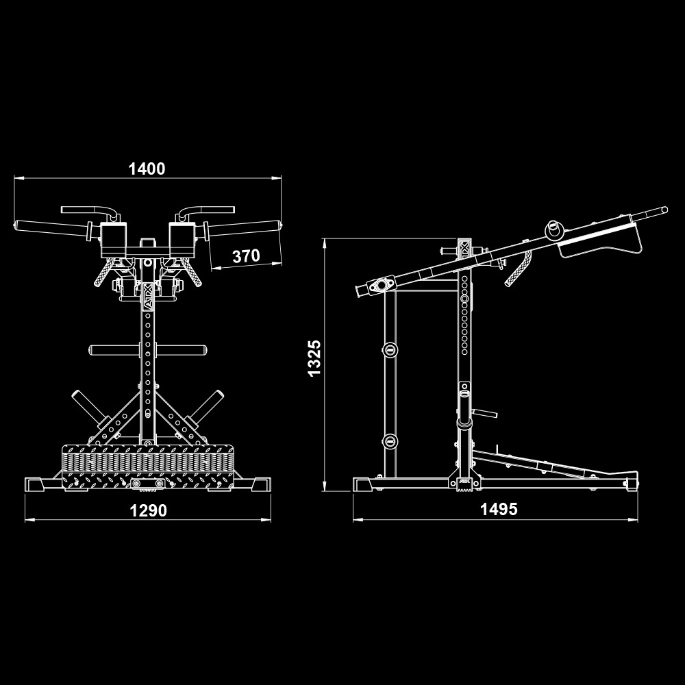 Technical drawing of the ATX® Lever Arm Squat Pro - Viking Press with front and side views, showing dimensions: 1400mm width, 1325mm height, lengths of 1290mm and 1495mm, plus a 370mm part—all on a black background.