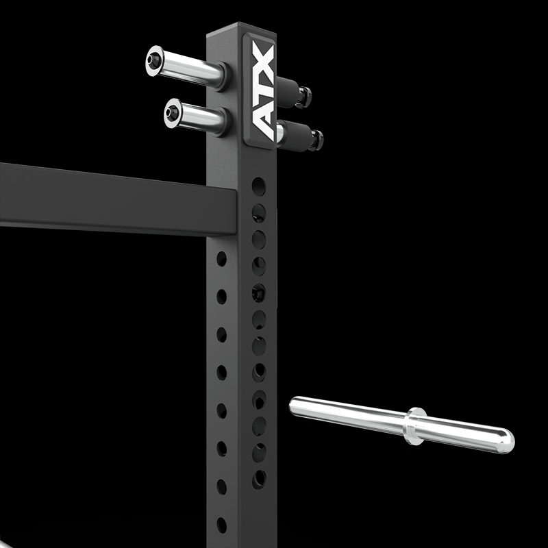 Close-up of the black ATX® Lever Arm Squat Pro - Viking Press gym rack with multiple adjustment holes and attached barbell holders against a black background. A silver barbell is partially visible on the right side.