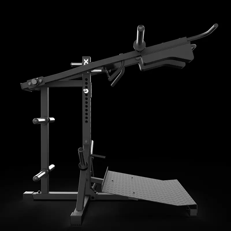A black ATX® Lever Arm Squat Pro - Viking Press, featuring angled design, padded shoulder supports, handles, and a diamond-patterned foot platform for leg press or squat exercises, shown against a plain black background.