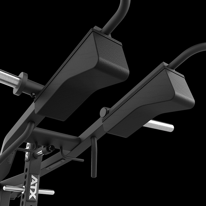 Close-up of two padded arms attached to the ATX® Lever Arm Squat Pro - Viking Press power rack with the ATX logo, designed for gym exercises, against a solid black background.