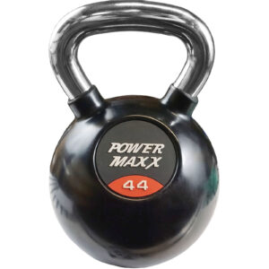 A black Power Maxx 40kg kettlebell with a shiny silver handle, labeled POWER MAXX along with 44 on a circular panel.