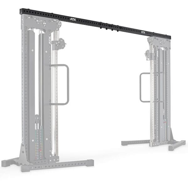 Image of the ATX® Cable Crossover Connector. This sleek, modern equipment features a robust frame with two adjustable weight stacks on each side, connected by a crossbar and equipped with handles for versatile strength training exercises.