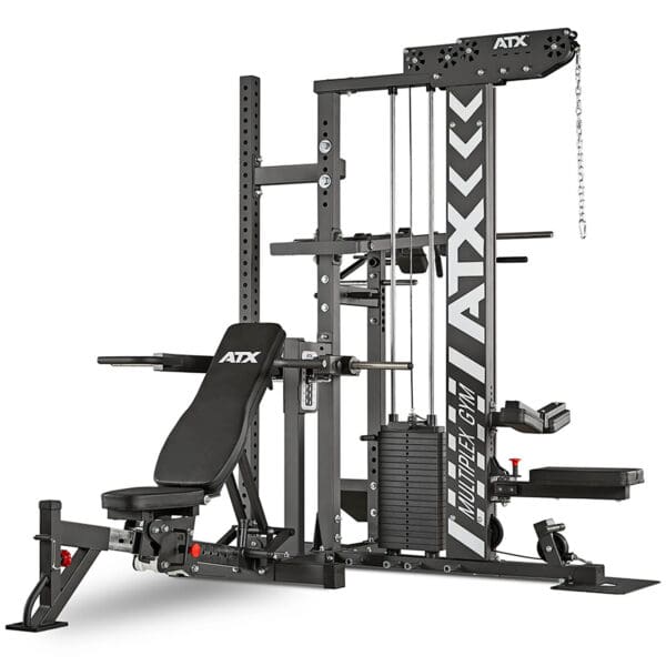 The ATX® MultipleX Multi Gym - 700 is a multifunctional home gym machine, predominantly black, featuring a weight bench, cable system, and various attachments for strength and conditioning exercises.