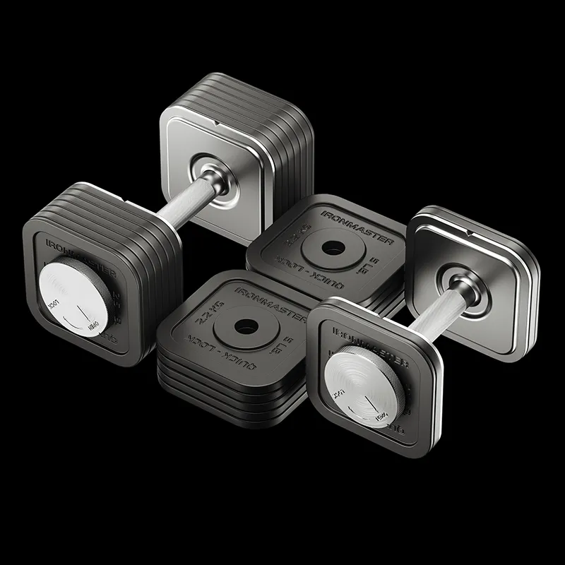 The Ironmaster 75 LB Quick-Lock Adjustable Dumbbell Set - No Stand is shown on a black background, featuring two dumbbells with square weight plates, metal handles, and visible dial mechanisms for easy weight adjustments.