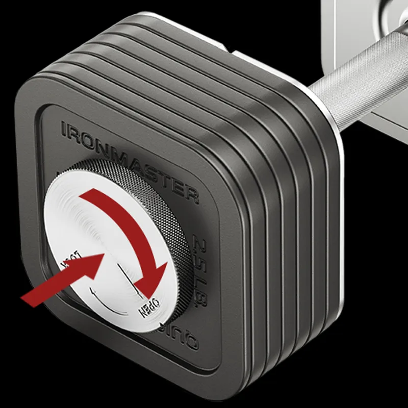 A close-up of the Ironmaster 75 LB Quick-Lock Adjustable Dumbbell Set - No Stand with a 25 lb plate, featuring a red arrow that shows which way to turn the locking knob to secure or release the weight plate.