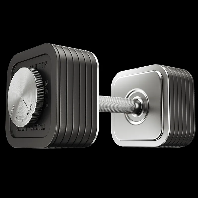 A close-up view of the Ironmaster 75 LB Quick-Lock Adjustable Dumbbell Set - No Stand, featuring a modern square design with a metallic handle and weight plates, set against a black background.