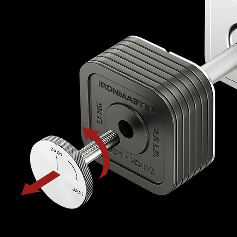 A close-up of the Ironmaster 75 LB Quick-Lock Adjustable Dumbbell Set - No Stand shows a square dumbbell, weight plate, and metal locking pin labeled 'open' and 'lock,' with red arrows indicating how to twist for locking or unlocking.