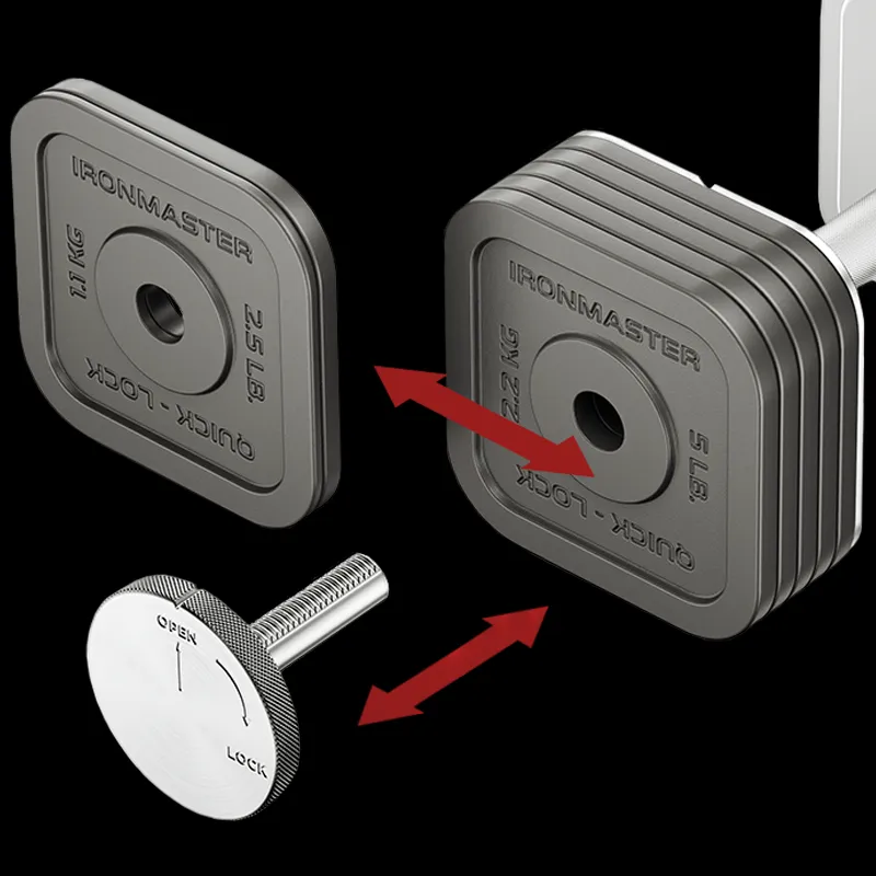 A detailed close-up shows the Ironmaster 75 LB Quick-Lock Adjustable Dumbbell Set - No Stand plates and locking screw, with red arrows highlighting how the plates securely attach to the dumbbell.