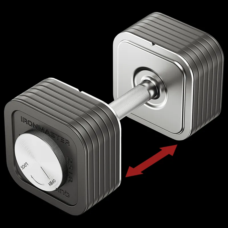 A close-up of the Ironmaster 75 LB Quick-Lock Adjustable Dumbbell Set (No Stand).