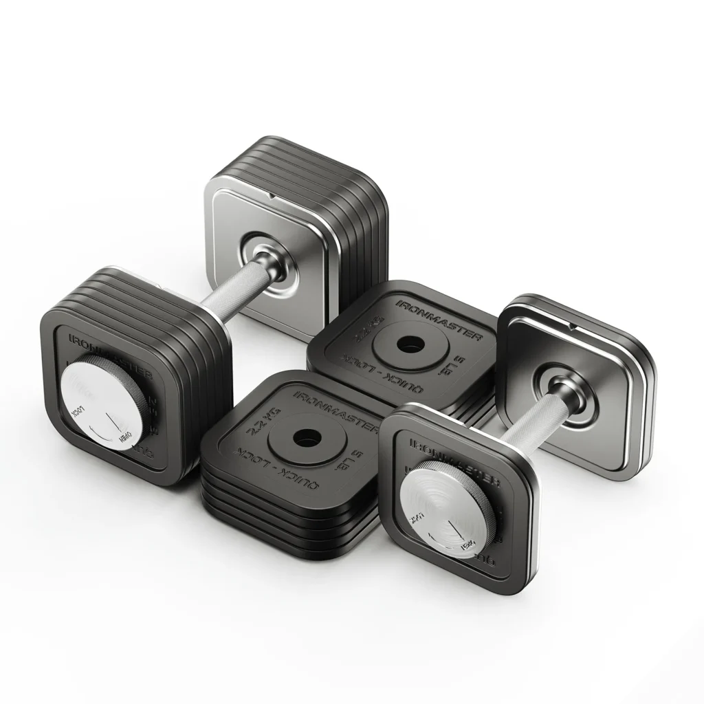 The Ironmaster 75 LB Quick-Lock Adjustable Dumbbell Set, featuring square black and silver plates, is shown on a white background. Weights are easily modified using the Quick-Lock system for versatile strength training.