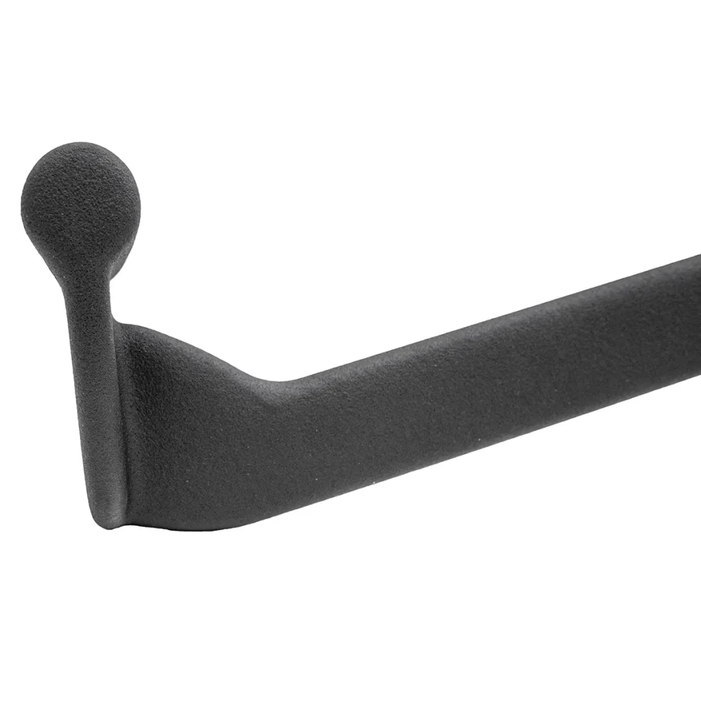 A close-up of the Full Advantage Grip - MID GRIP, featuring a matte black metal hook with a rounded end on an angled horizontal bar, set against a plain white background.