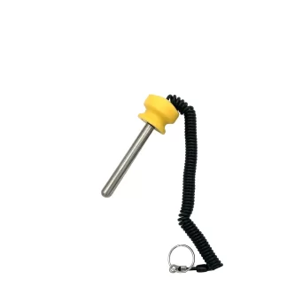 The Magnetic 10 mm x 80 mm Weight Stack Pin features a metal rod with a yellow plastic handle, attached to a coiled black cord and small metal key ring, shown isolated on a white background.