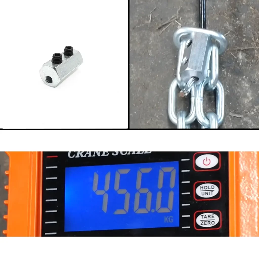 The End Stop 2 screws, designed for securing cables and chains, and a digital scale reading 456.0 kg are each depicted in separate panels.