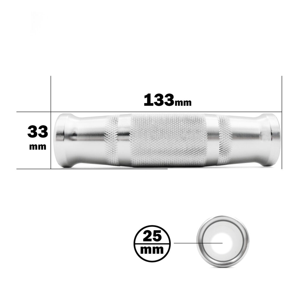 The Handle Grip 25x130mm ALUMINIUM features a 133mm length and 33mm width with a knurled grip, and its circular end view has a diameter of 25mm.