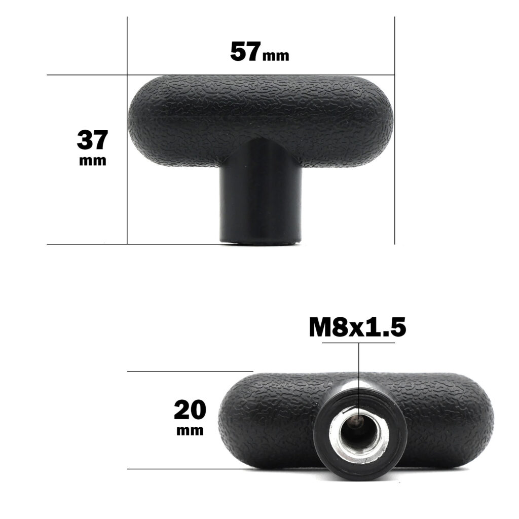 The M8 Knob T Head features a black T-shaped textured grip handle, measuring 57mm in width, 37mm in height, and 20mm in depth with a side view showing a threaded hole labeled M8x1.5.