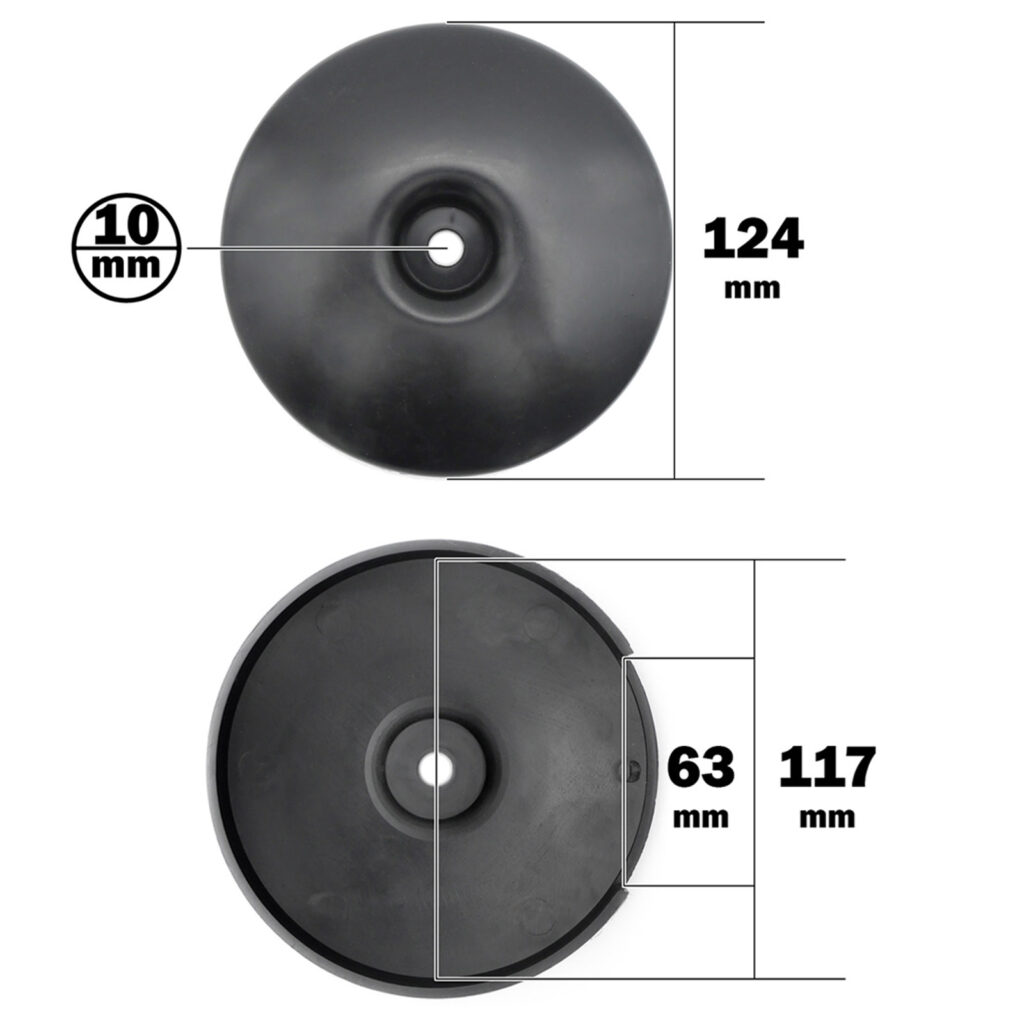 Image featuring two views of the Pulley Cover 117ID, a black plastic disc. The top view shows a central hole of 10 mm with a diameter of 124 mm, while the bottom view reveals a rim depth of 63 mm and a diameter of 117 mm.