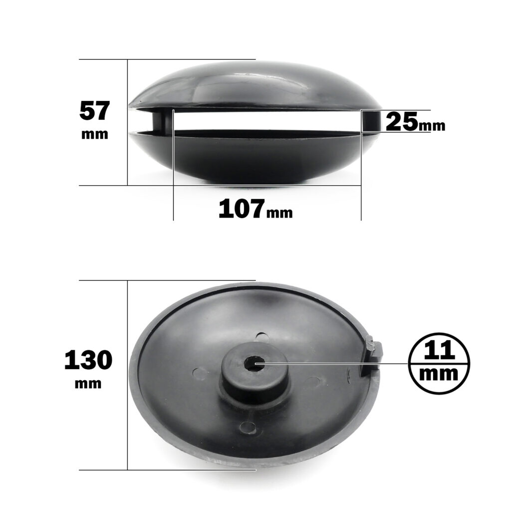 The Pulley Cover 120ID features a black round shape with a side view showing a height of 57 mm, top thickness of 25 mm, and a diameter of 107 mm. From the bottom view, it has a diameter of 130 mm and an 11 mm central hole.
