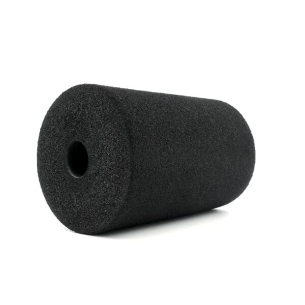 A horizontally positioned black Foam Roller 100 x 150mm with a textured surface and hollow center on a plain white background.