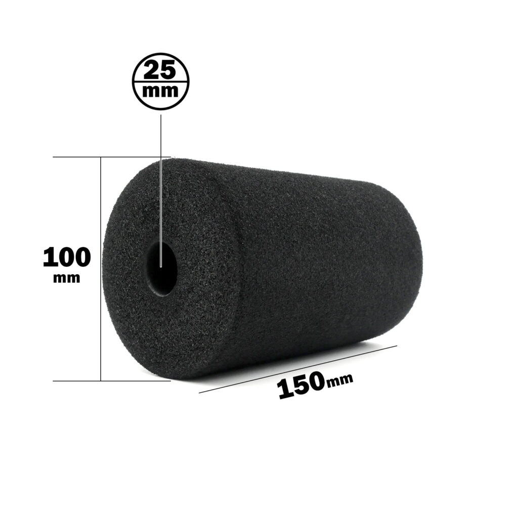 The Foam Roller 100 x 150mm is a black foam cylinder measuring 100mm in height and 150mm in length, with a central hole diameter of 25mm.