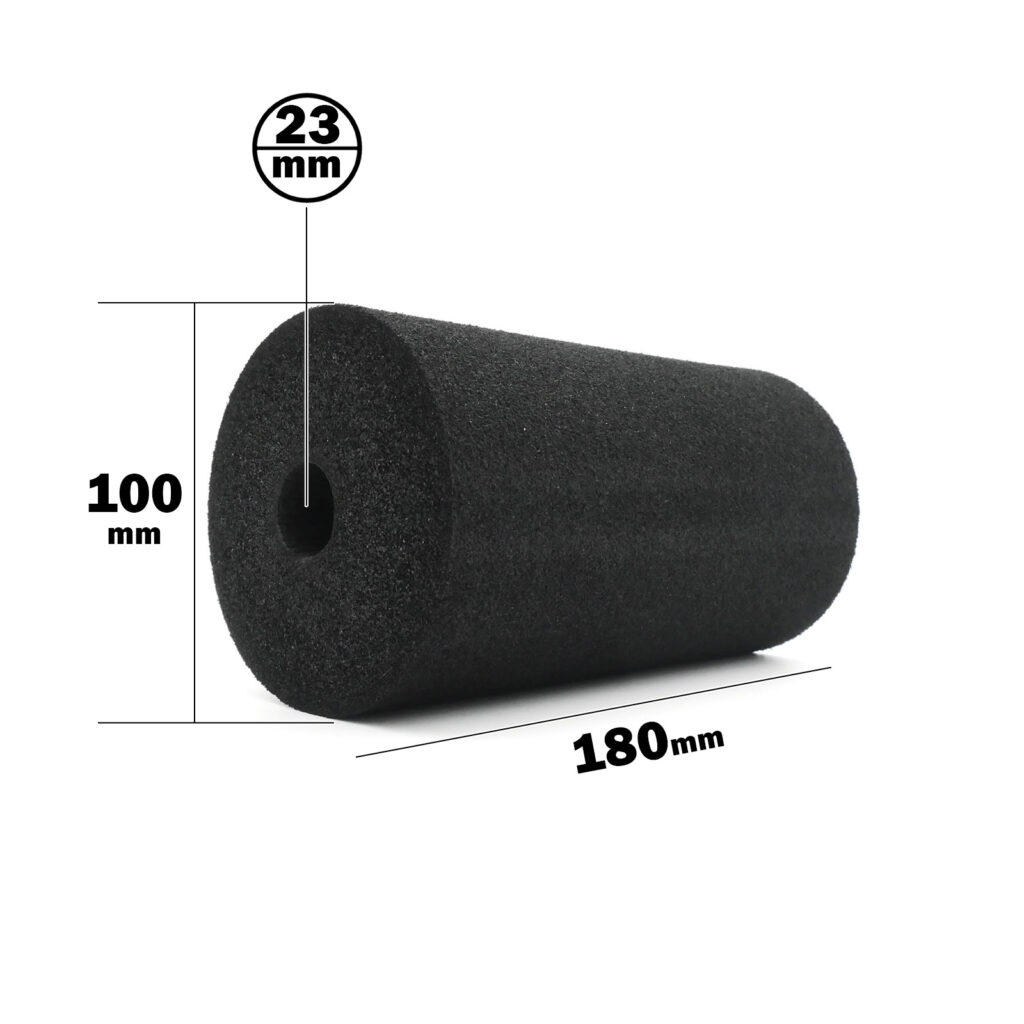 Foam Roller 100 x 180mm: black foam cylinder with dimensions of 180mm length, 100mm diameter, and a central hole of 23mm diameter.