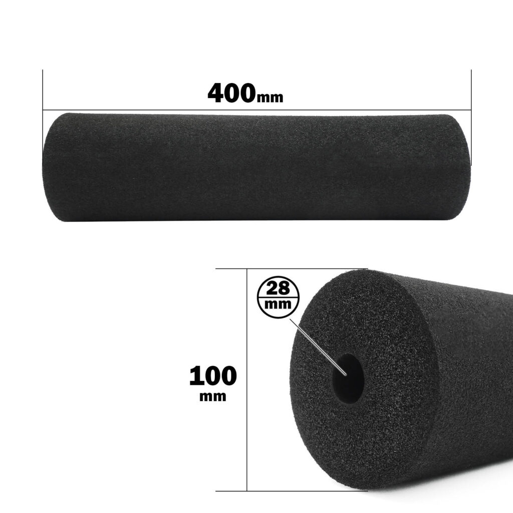 The Foam Roller 100 x 400mm is shown as a black cylinder with dimensions: 400mm in length, 100mm in diameter, and a 28mm central hollow core, highlighting its size and structure.