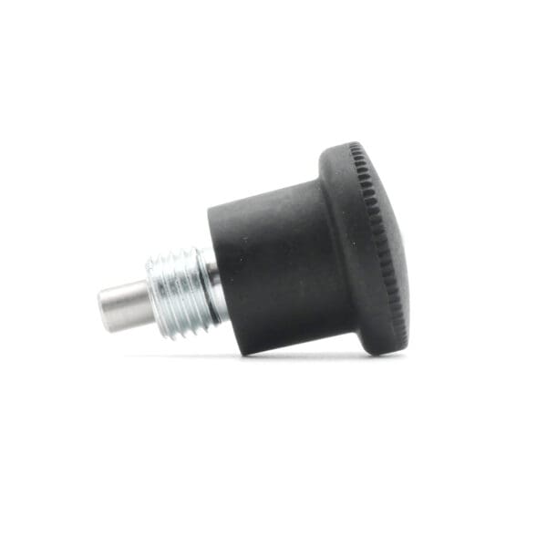 A Pop Pin M12 15mm, featuring a black threaded knob with a metal screw, is shown on its side against a white background. The knob has a ridged edge for grip.