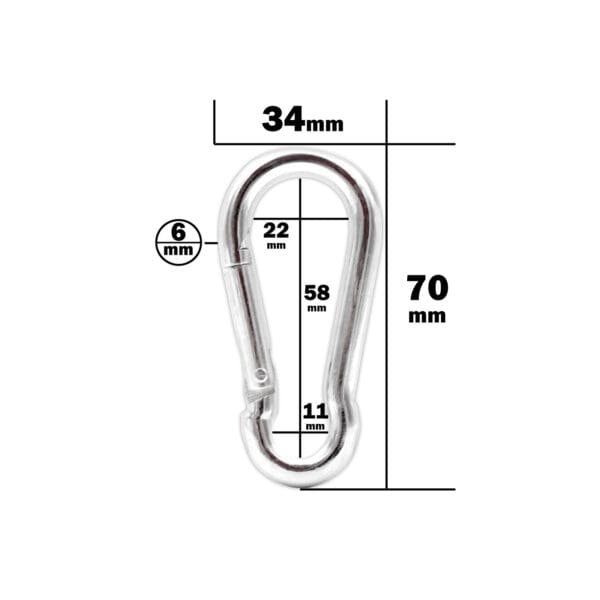 The Carabiner 6mm, in silver, is detailed with dimensions of 70mm height, 34mm width, and 6mm thickness. It has an inner length of 58mm, a side gap of 22mm, and an 11mm spring gap. These details are shown with black lines and text on a white background.