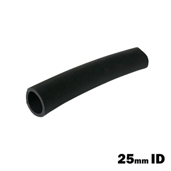A Hard Rubber Grip, 25 mm x 1 meter, is displayed against a white background, showcasing its smooth black surface. The 25mm inner diameter is marked in bold black text at the bottom right corner.