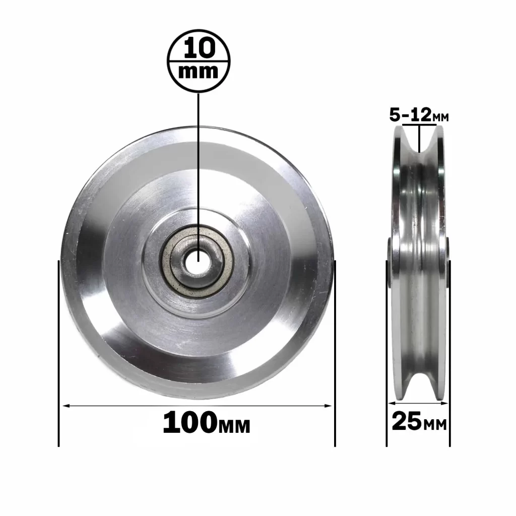 Front and side views of the 100mm Aluminium Pulley, showing labeled measurements: 100 mm diameter, 25 mm width, 10 mm central hole diameter, and groove width of 5–12 mm using black lines and text.