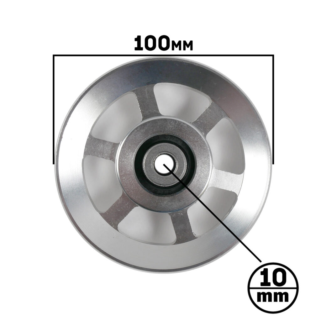 The 100mm Aluminium Pulley is a metal disc with a 10mm central hole and six spokes. It features bold black font on a white background for dimension labels.