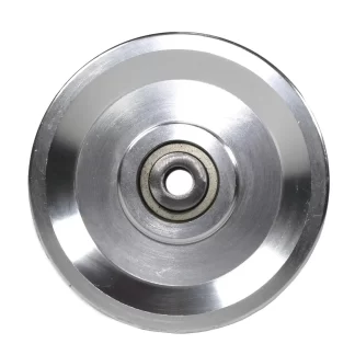 Close-up of a 100mm Aluminium Pulley with a central bearing, showing its smooth, shiny surface and circular design against a white background.