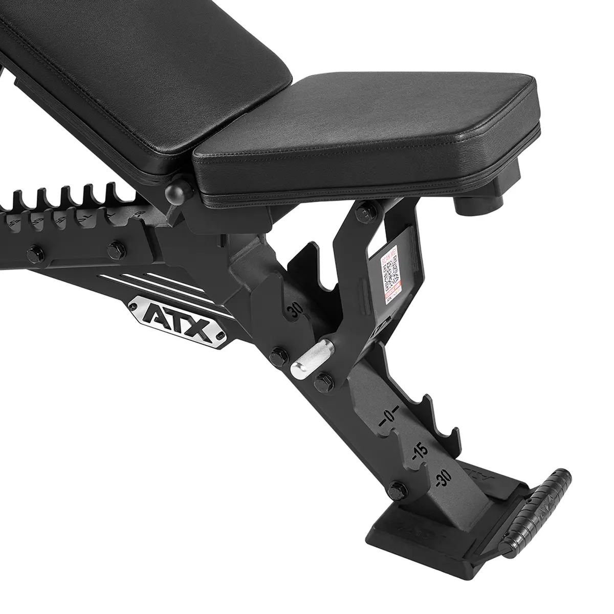 Close-up of the ATX® Warrior Bench 2.0, a black adjustable gym bench with angle markings and an ATX logo, featuring padded seating and backrest on a robust metal support frame.