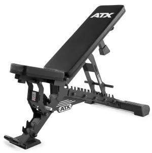 The ATX® Warrior Bench 2.0 features a black padded seat and backrest, robust black metal frame with multiple incline notches, and white ATX logos on the backrest and frame.