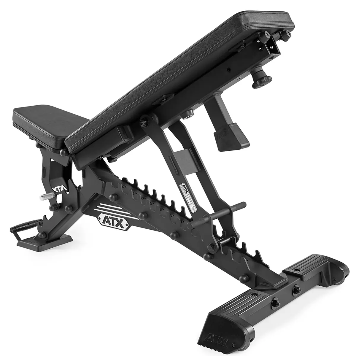 The ATX® Warrior Bench 2.0 features black padding and a metallic frame with multiple incline settings, a sturdy base, and ATX branding on the side and base.