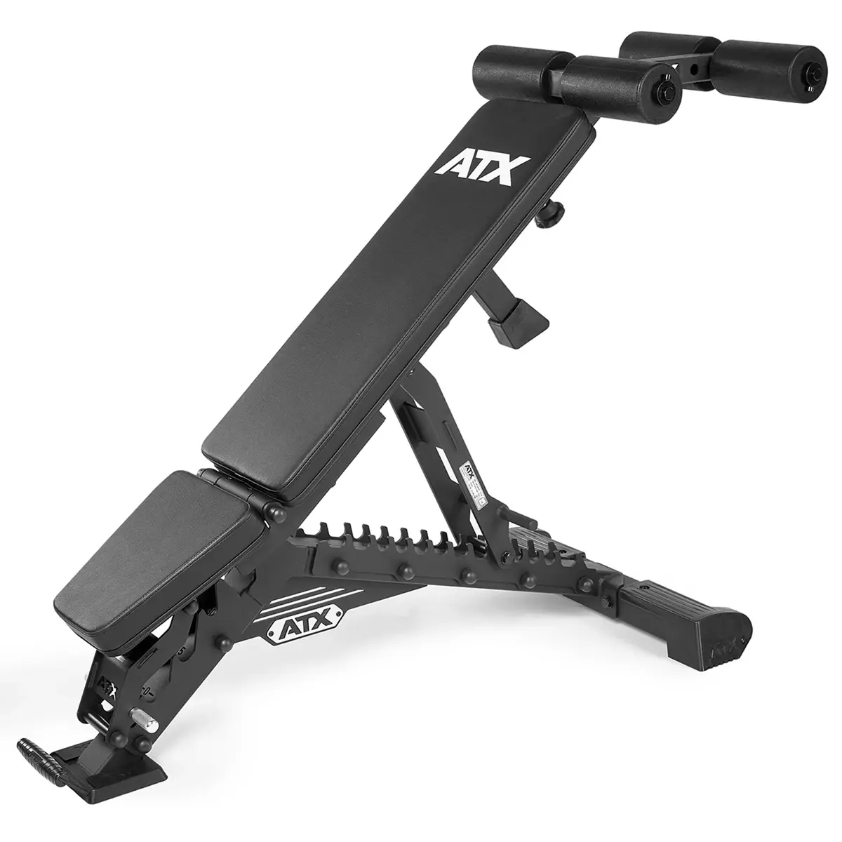 The ATX® Warrior Bench 2.0 is an adjustable black workout bench with a padded backrest, seat, and leg support. It features a sturdy metal frame, can be set to different angles, and has visible adjustment slots.