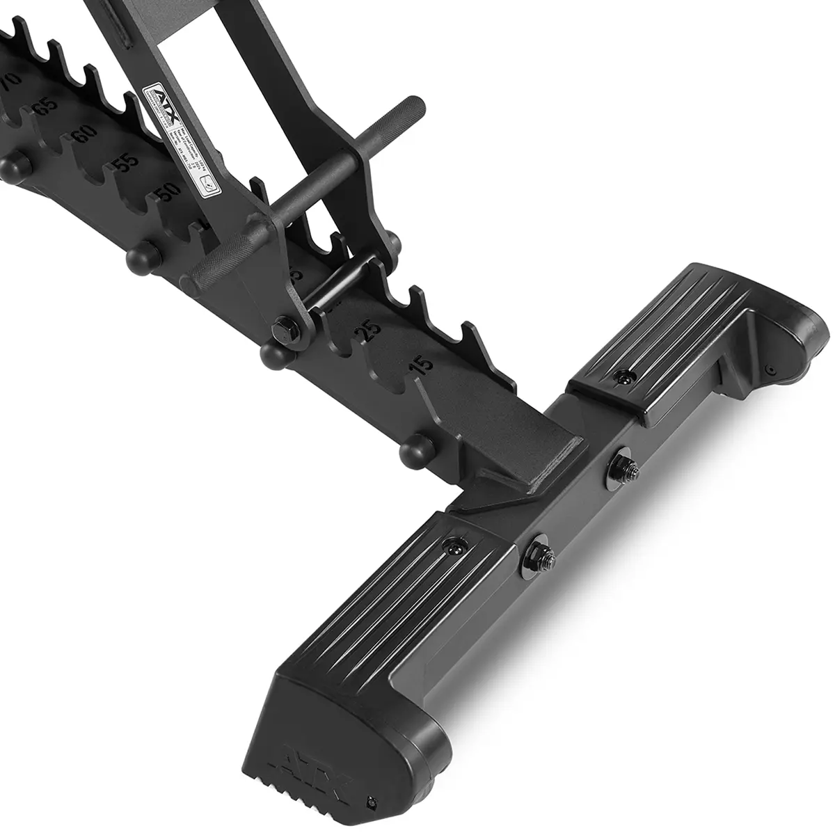 Close-up of the ATX® Warrior Bench 2.0, a black adjustable dumbbell rack featuring a textured platform and a sturdy metal frame for holding dumbbells with marked weight increments at various settings.